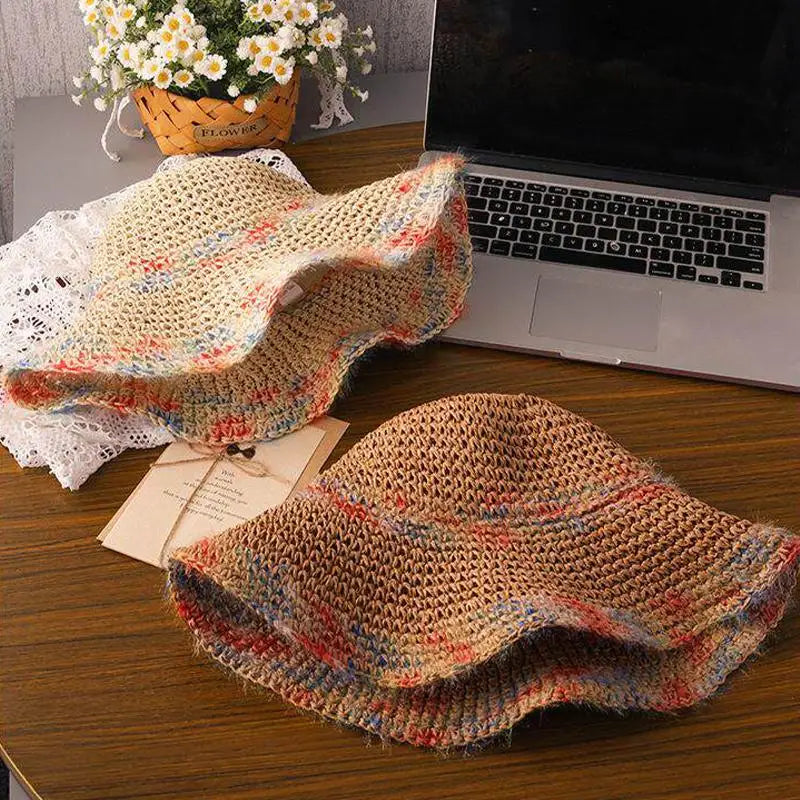 SUSU 1PC Summer Colorful Woven Straw Hat For Seaside Vacation Breathable Hollow Out Large Brim UV Resistant Sun Hat