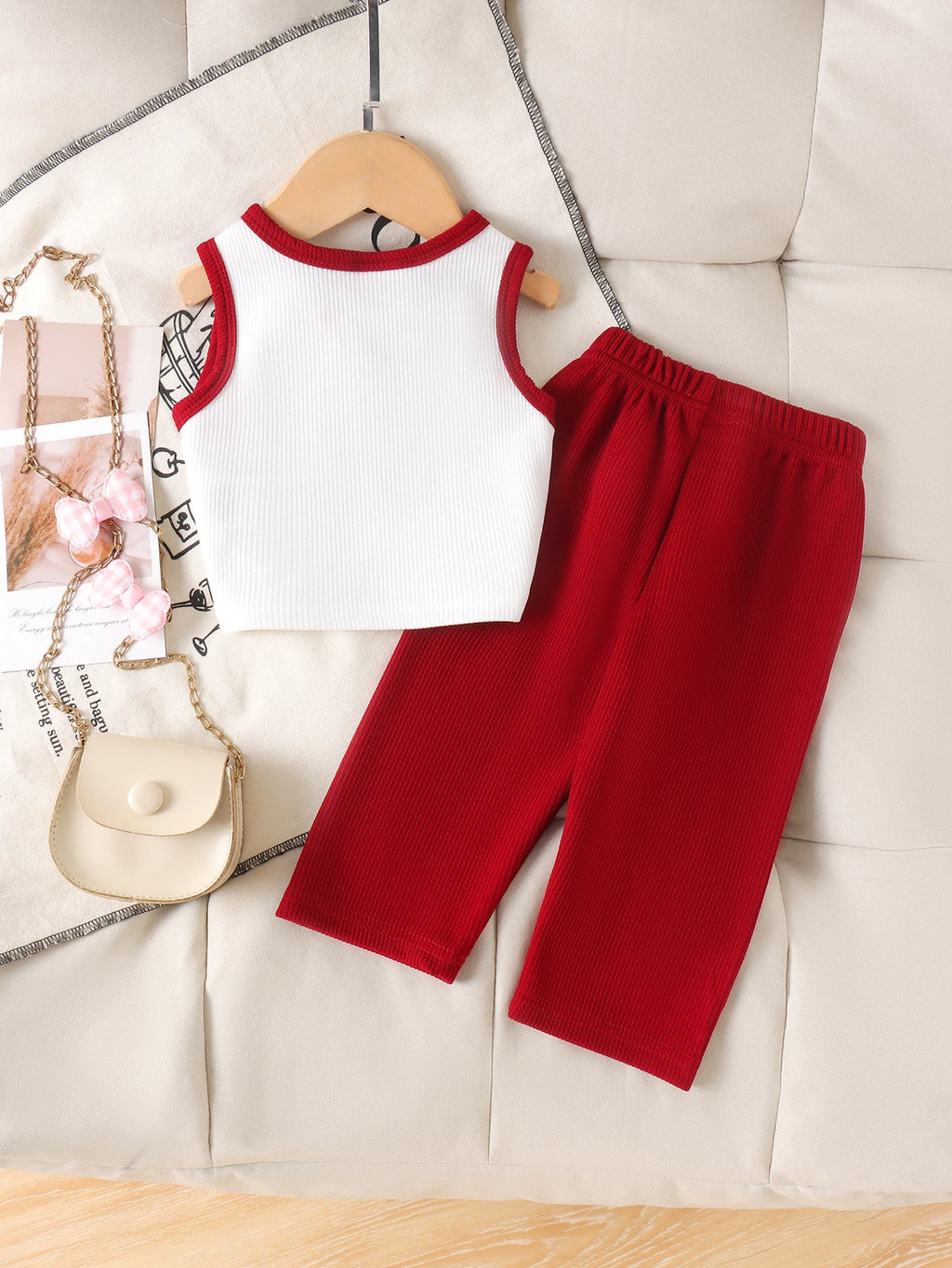 Cross-border summer new collection for girls, comfortable and stylish, suitable for ages 1-3. Bow tie white vest + long pants.