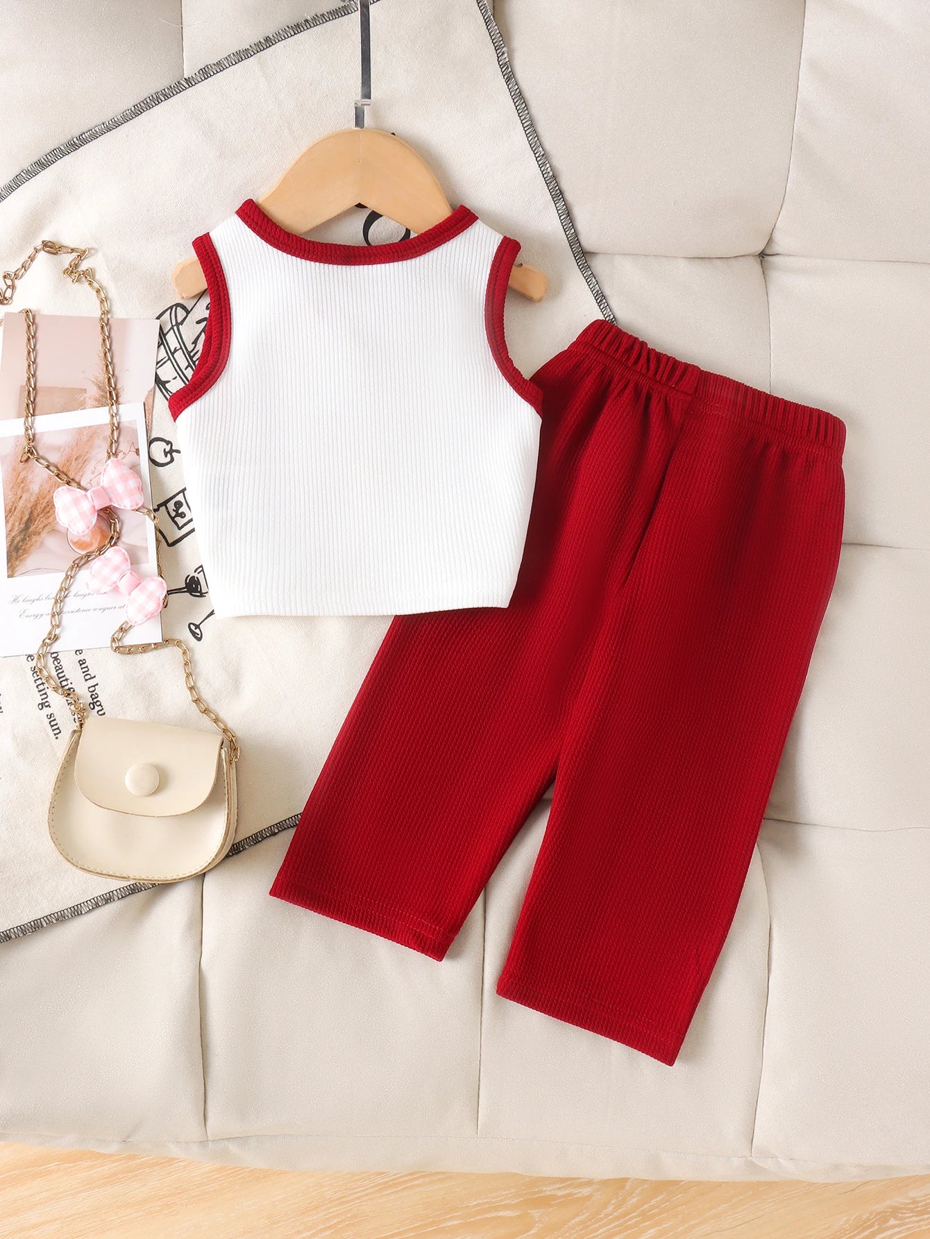 Cross-border summer new collection for girls, comfortable and stylish, suitable for ages 1-3. Bow tie white vest + long pants.