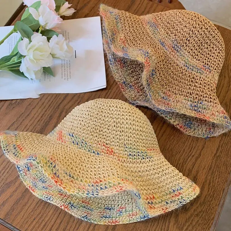 SUSU 1PC Summer Colorful Woven Straw Hat For Seaside Vacation Breathable Hollow Out Large Brim UV Resistant Sun Hat