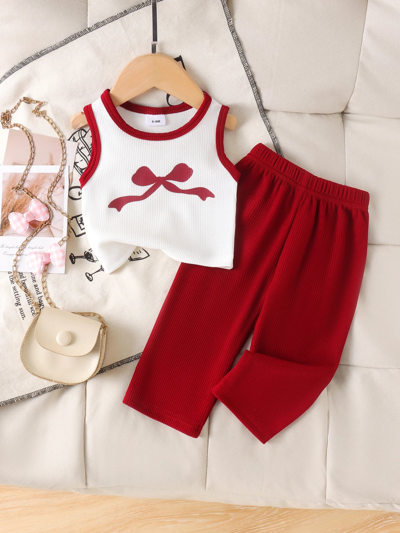 Cross-border summer new collection for girls, comfortable and stylish, suitable for ages 1-3. Bow tie white vest + long pants.