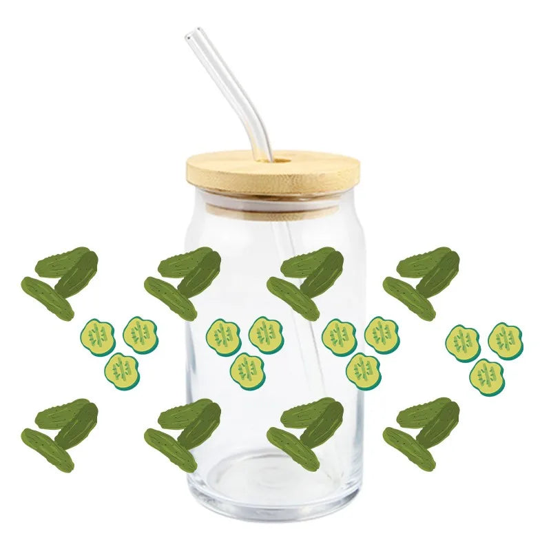 Summer Drink Design Series Easy Peel Waterproof DIY Decals 3D Transfers UV DTF Stickers 16oz Green Cucumber Theme