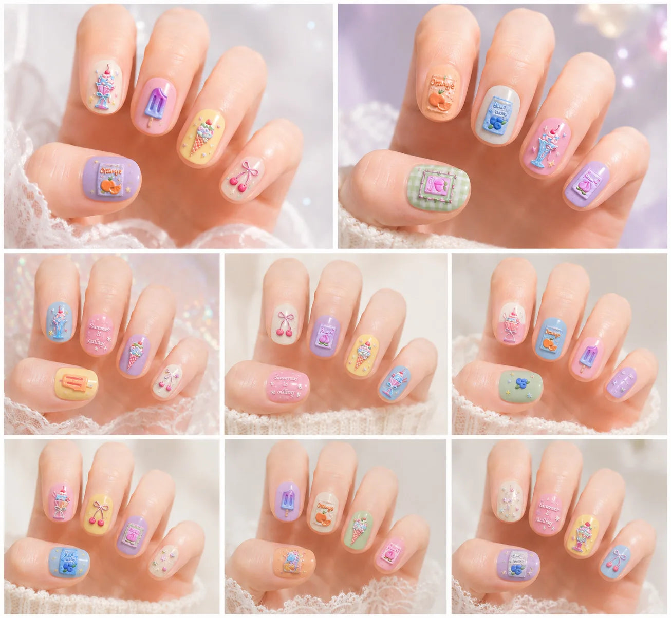 Summer Fruit Dessert 5D Nail Decals Ice Cream Bar Cone Sundae Fresh Orange Peach Blueberry Cherry Star Bow Nail Art Stickers DIY