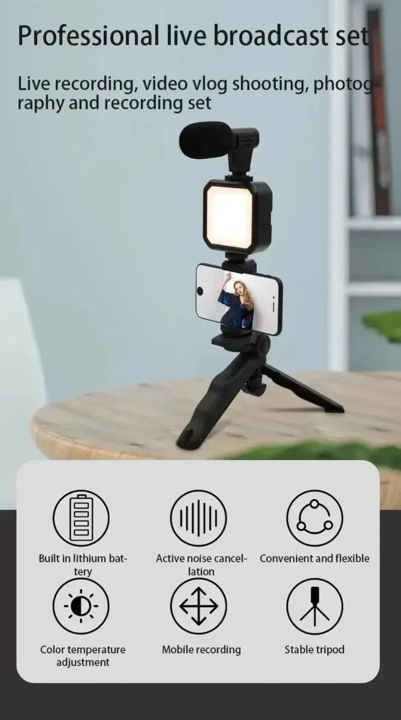 Smartphone Vlogging Kit With Tripod Phone Holder Mini Microphone LED Fill Light Starter For TikTok Live Stream Video YouTube