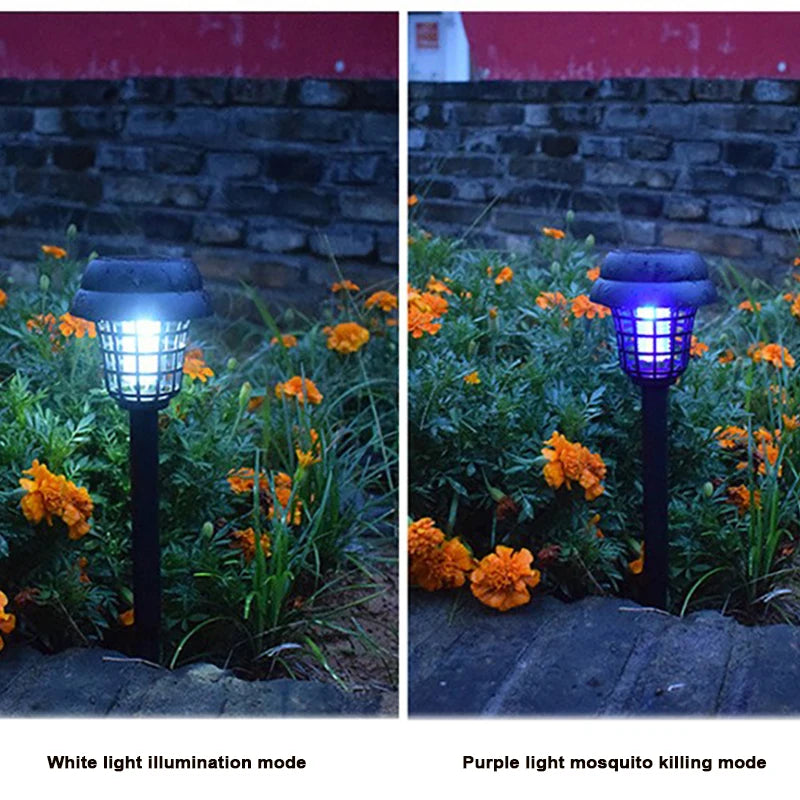 Solar powered mosquito killing lawn lamp, free of electricity and wiring, can be placed, plugged in, handheld, or floor standing
