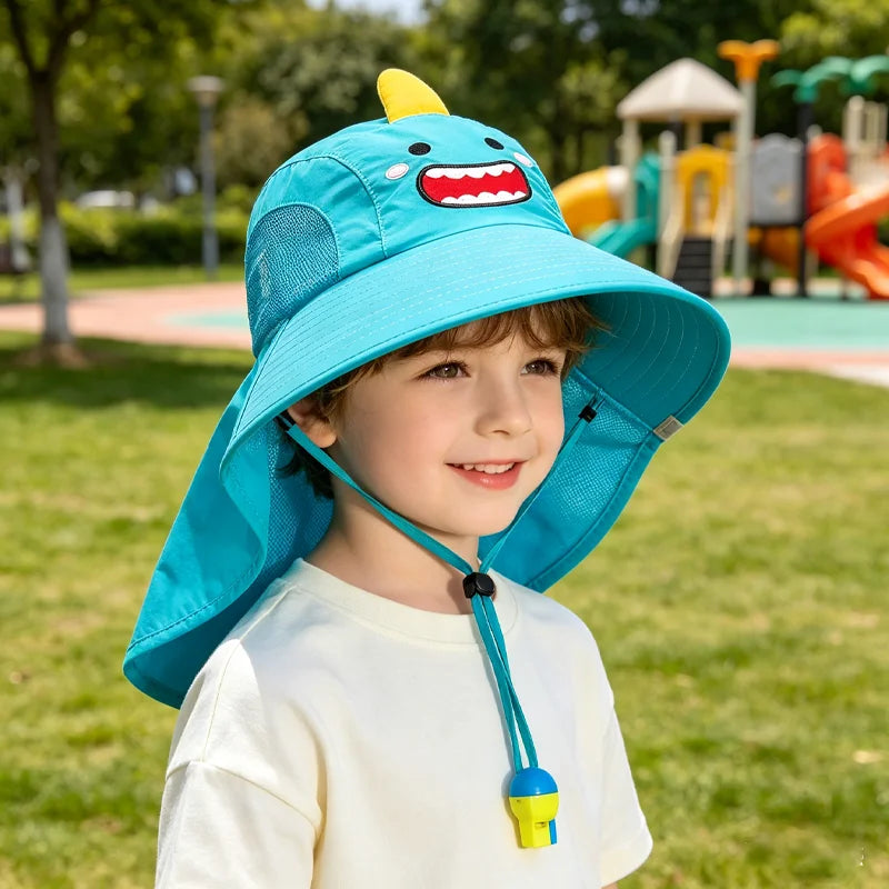 Summer Kids Bucket Hat Sunscreen UV Resistant Cotton Beach Hat with Adjustable Rope Whistle for Boys Girls Outdoor
