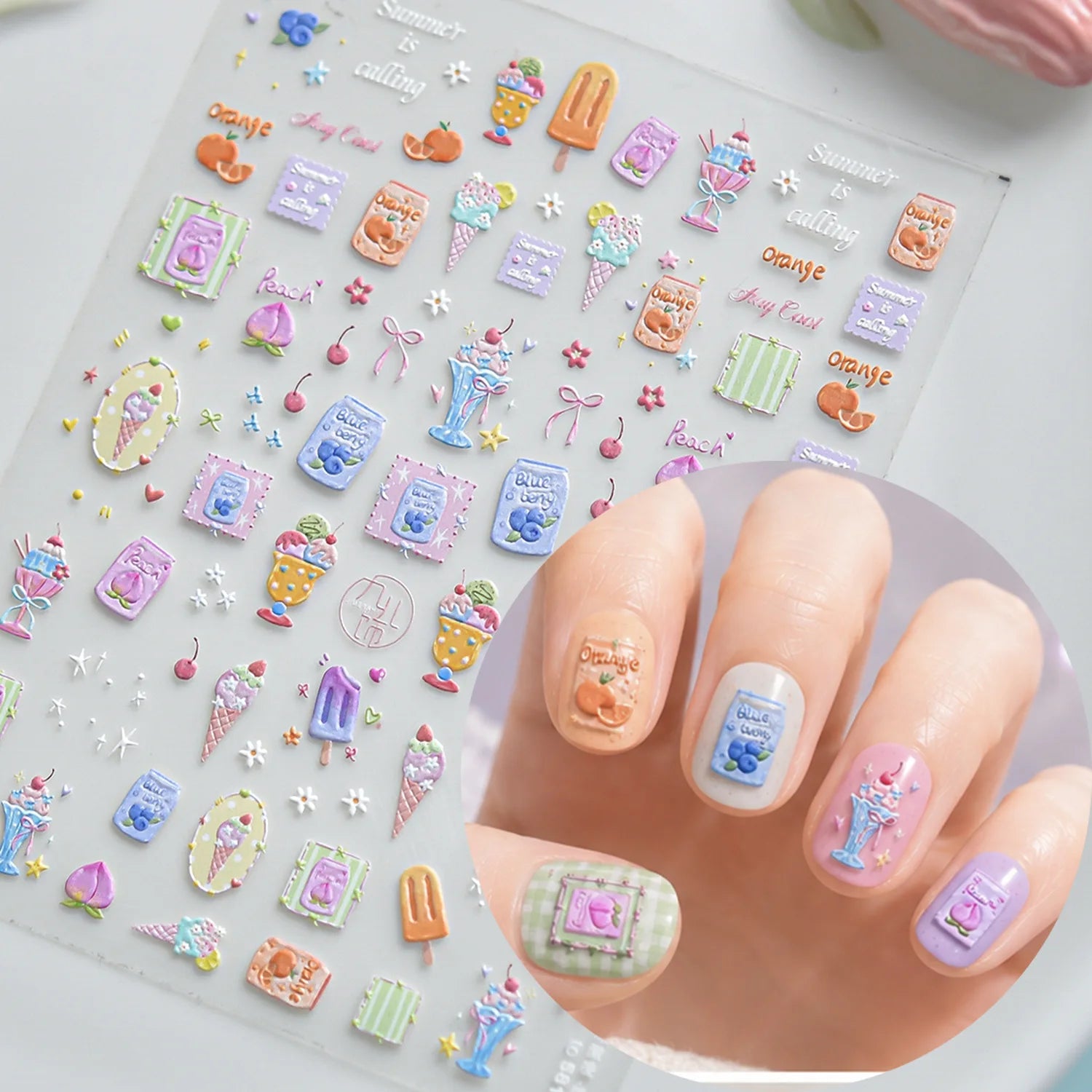 Summer Fruit Dessert 5D Nail Decals Ice Cream Bar Cone Sundae Fresh Orange Peach Blueberry Cherry Star Bow Nail Art Stickers DIY