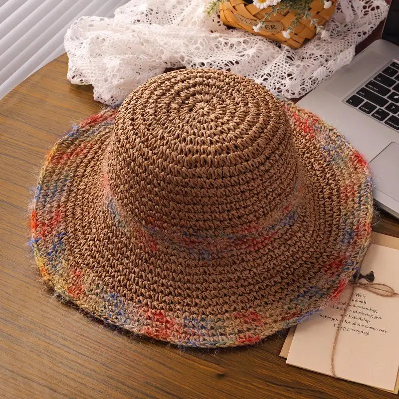 SUSU 1PC Summer Colorful Woven Straw Hat For Seaside Vacation Breathable Hollow Out Large Brim UV Resistant Sun Hat