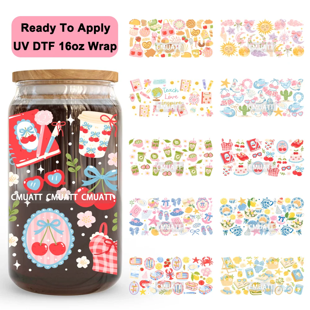 Summer Fruit Coquette Bow Book Cup School 16OZ UV DTF Cup Wraps Ready To Apply Waterproof Transfer Stickers For Libbey Glass Can