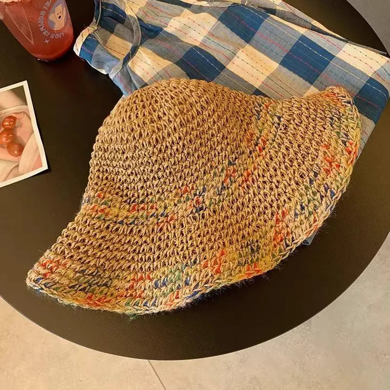 SUSU 1PC Summer Colorful Woven Straw Hat For Seaside Vacation Breathable Hollow Out Large Brim UV Resistant Sun Hat