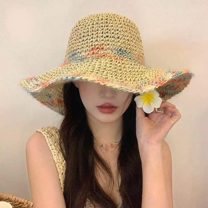 SUSU 1PC Summer Colorful Woven Straw Hat For Seaside Vacation Breathable Hollow Out Large Brim UV Resistant Sun Hat