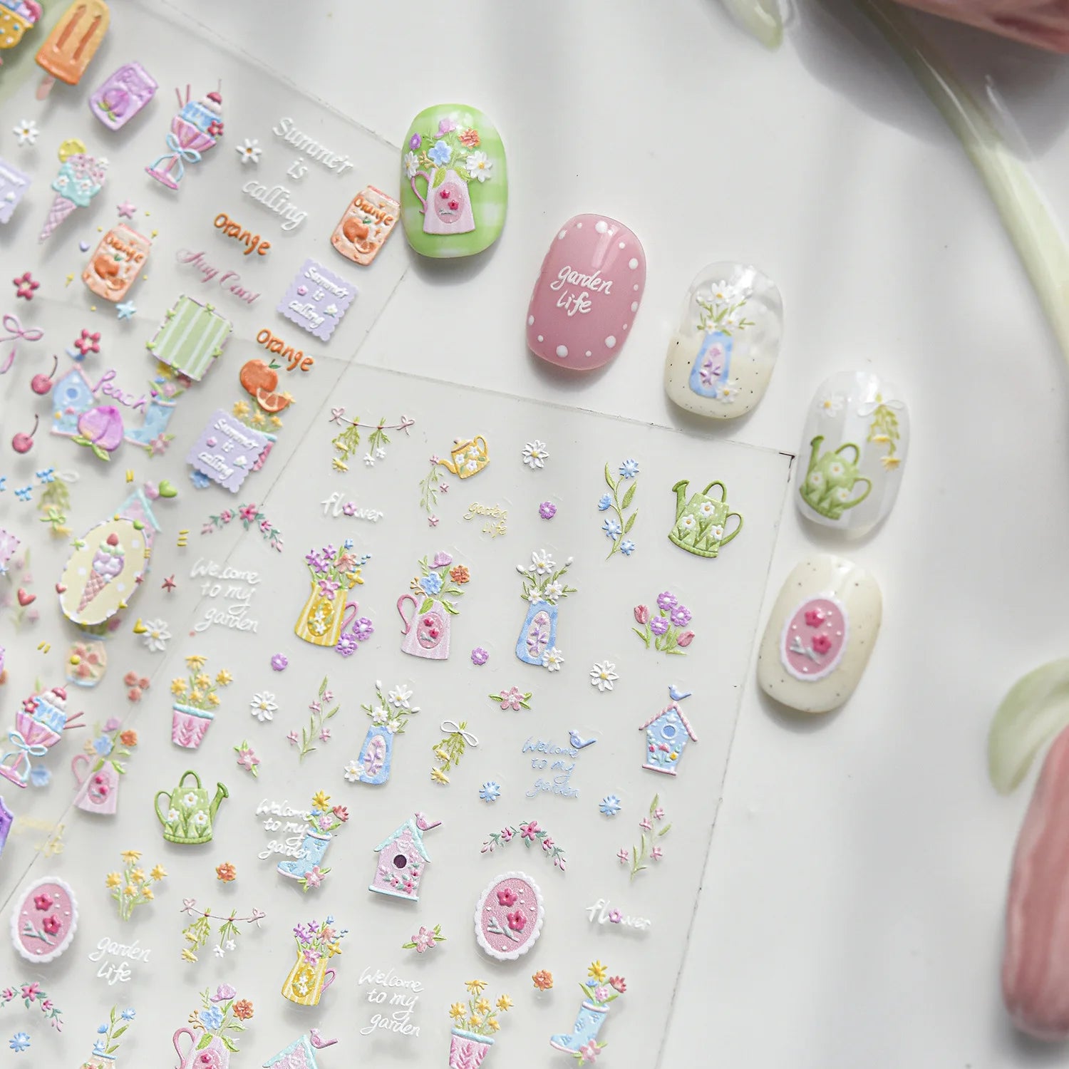 Summer Fruit Dessert 5D Nail Decals Ice Cream Bar Cone Sundae Fresh Orange Peach Blueberry Cherry Star Bow Nail Art Stickers DIY