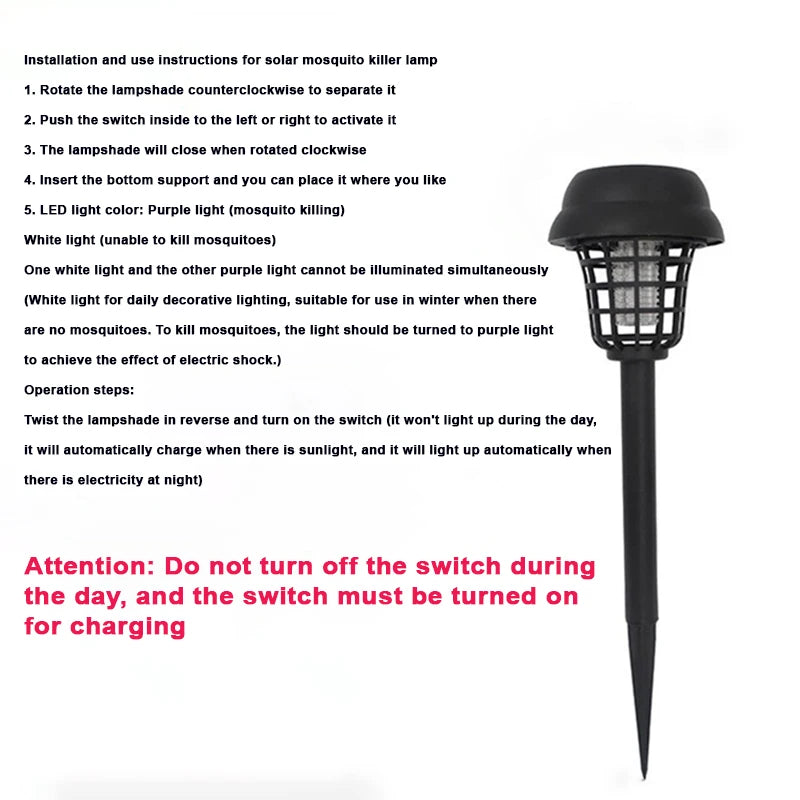 Solar powered mosquito killing lawn lamp, free of electricity and wiring, can be placed, plugged in, handheld, or floor standing