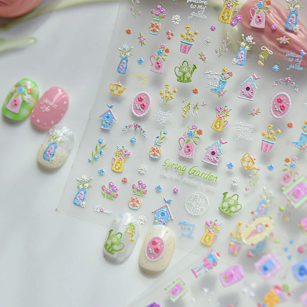 Summer Fruit Dessert 5D Nail Decals Ice Cream Bar Cone Sundae Fresh Orange Peach Blueberry Cherry Star Bow Nail Art Stickers DIY