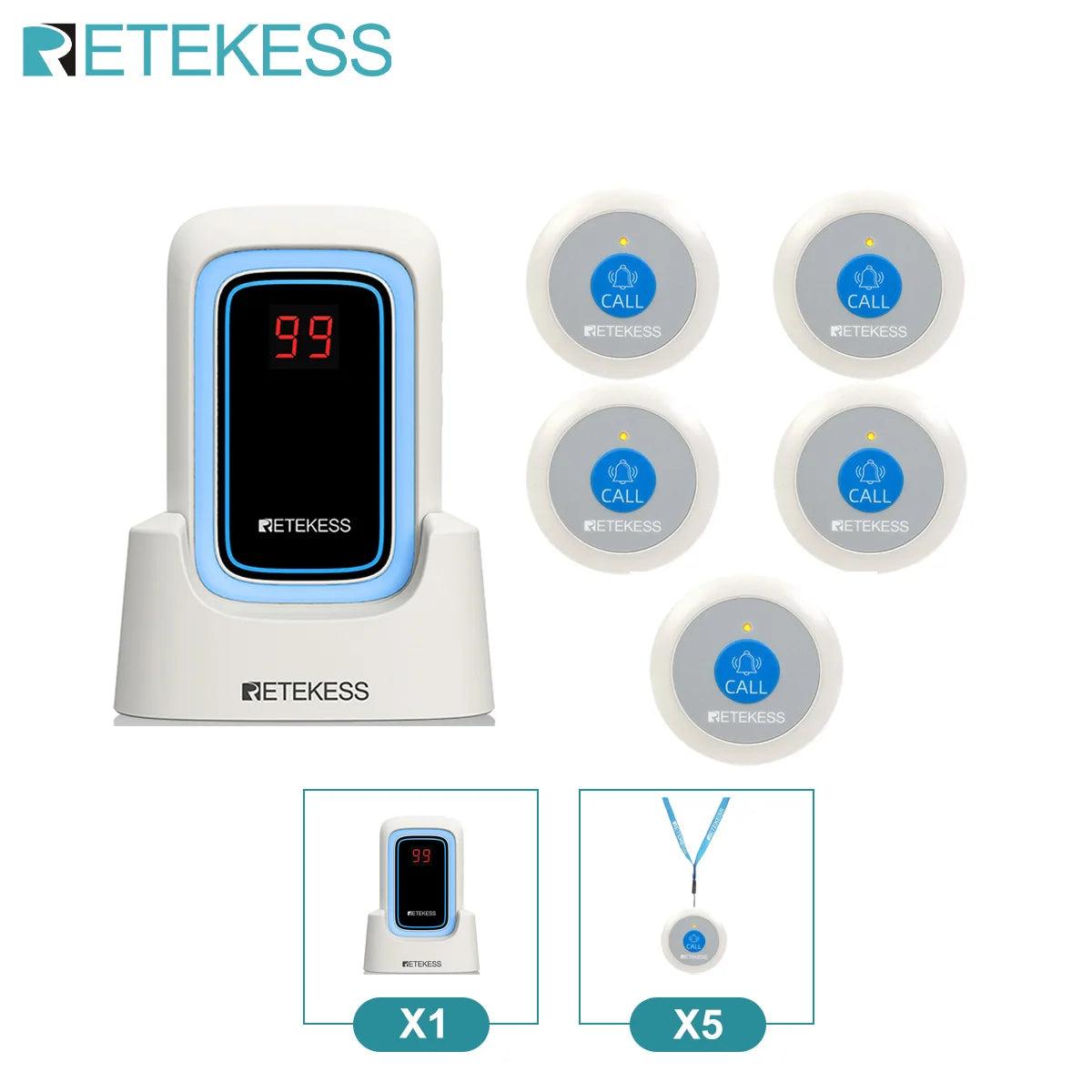 Retekess TH109S Caregiver Pager Wireless Calling System SOS Call Button Digital Display Screen For Clinic Home Care Hospital