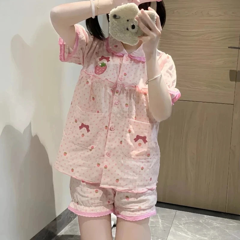 Summer Kawaii Lolita Style Strawberry Embroidery Pajamas Set Girl Cute Short Sleeve Tops Shorts Suit Women Sweet Homewear Pijama