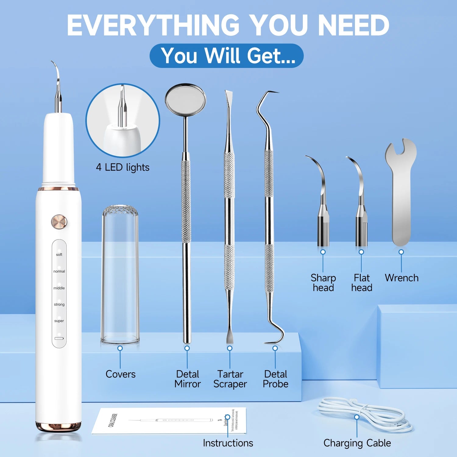 CURVY MOON T4 Electric Ultrasonic Tooth Cleaner Tartar Remover Tooth Stain Cleaning Tools Personal Teeth Whitening Home Care