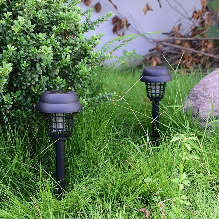 Solar powered mosquito killing lawn lamp, free of electricity and wiring, can be placed, plugged in, handheld, or floor standing