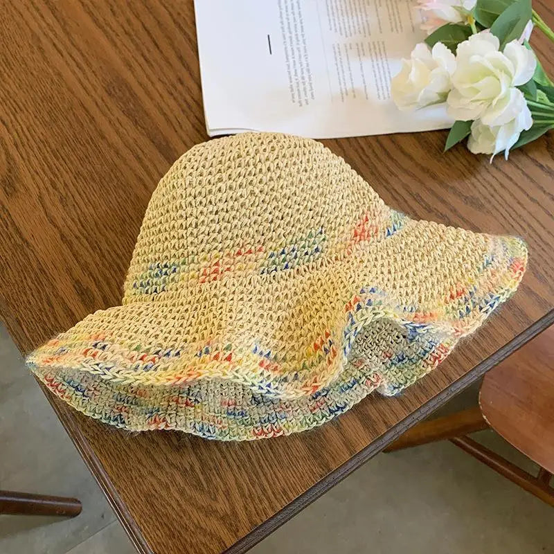 SUSU 1PC Summer Colorful Woven Straw Hat For Seaside Vacation Breathable Hollow Out Large Brim UV Resistant Sun Hat