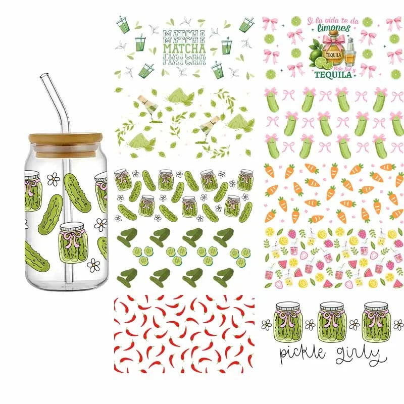 Summer Drink Design Series Easy Peel Waterproof DIY Decals 3D Transfers UV DTF Stickers 16oz Green Cucumber Theme