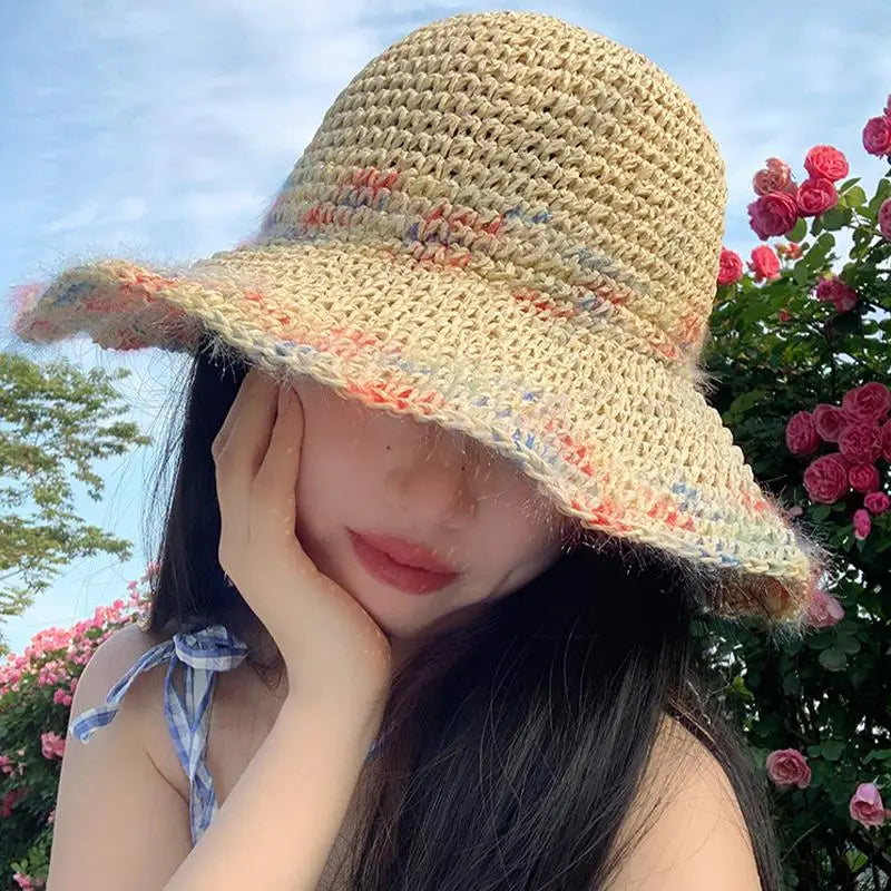 SUSU 1PC Summer Colorful Woven Straw Hat For Seaside Vacation Breathable Hollow Out Large Brim UV Resistant Sun Hat