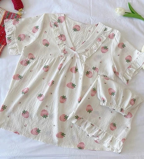 Summer Kawaii Lolita Style Strawberry Embroidery Pajamas Set Girl Cute Short Sleeve Tops Shorts Suit Women Sweet Homewear Pijama