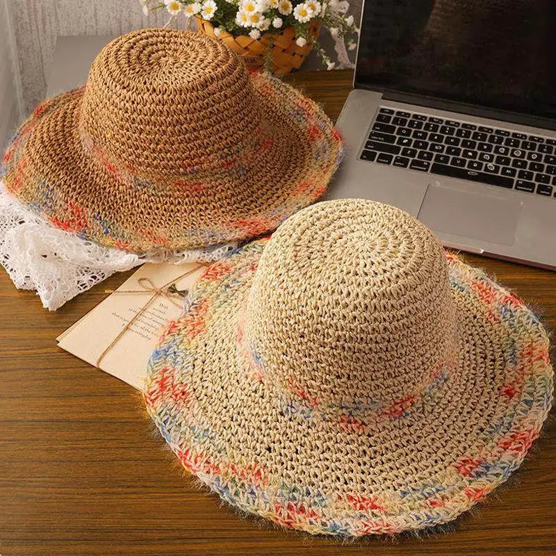 SUSU 1PC Summer Colorful Woven Straw Hat For Seaside Vacation Breathable Hollow Out Large Brim UV Resistant Sun Hat