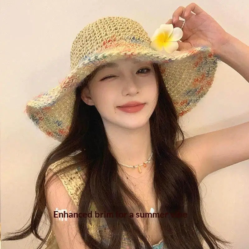 SUSU 1PC Summer Colorful Woven Straw Hat For Seaside Vacation Breathable Hollow Out Large Brim UV Resistant Sun Hat