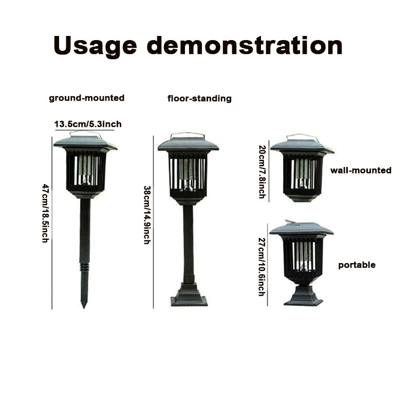 Solar powered mosquito killing lawn lamp, free of electricity and wiring, can be placed, plugged in, handheld, or floor standing