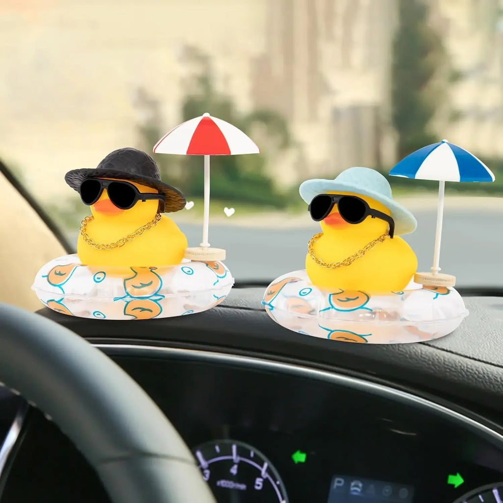 NEW! Cute Summer Car Rubber Duck Decoration Dashboard Car Ornament Duck  Accessories with Sunhat Sun Umbrella