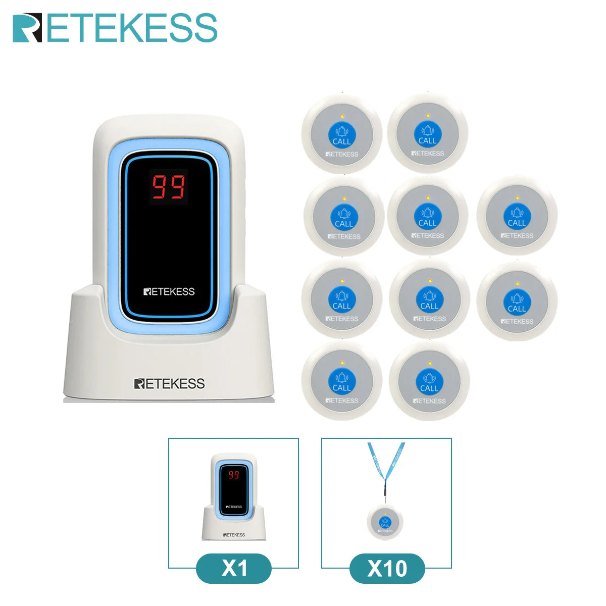 Retekess TH109S Caregiver Pager Wireless Calling System SOS Call Button Digital Display Screen For Clinic Home Care Hospital