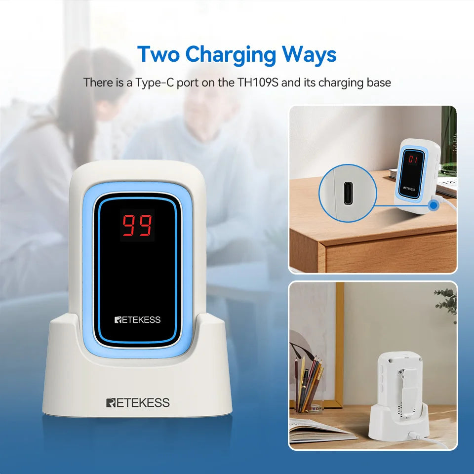 Retekess TH109S Caregiver Pager Wireless Calling System SOS Call Button Digital Display Screen For Clinic Home Care Hospital