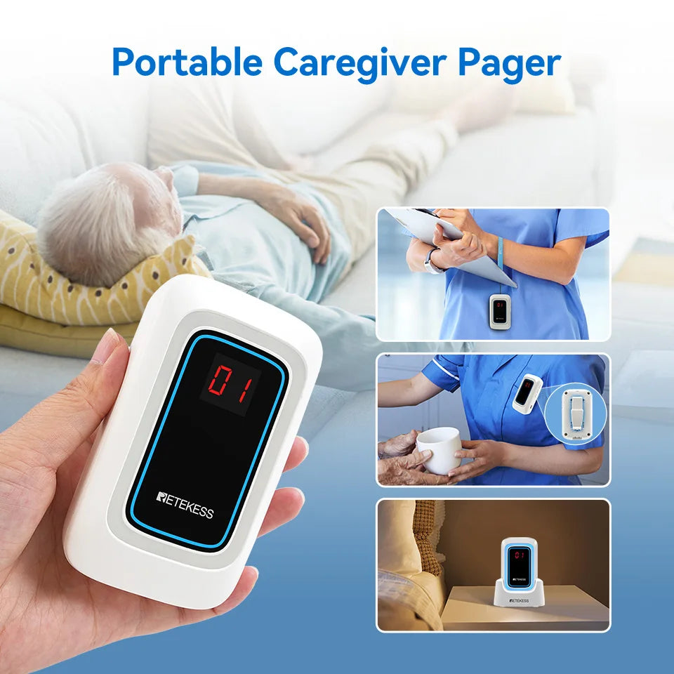Retekess TH109S Caregiver Pager Wireless Calling System SOS Call Button Digital Display Screen For Clinic Home Care Hospital