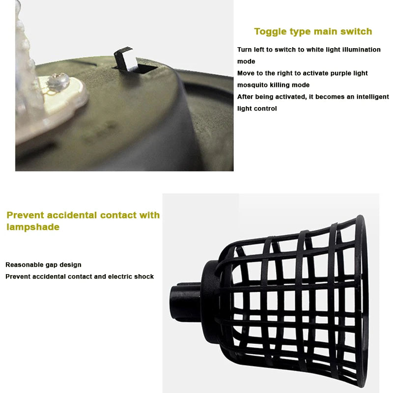 Solar powered mosquito killing lawn lamp, free of electricity and wiring, can be placed, plugged in, handheld, or floor standing