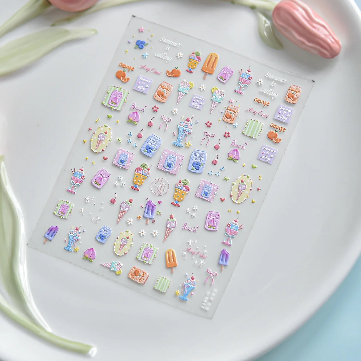 Summer Fruit Dessert 5D Nail Decals Ice Cream Bar Cone Sundae Fresh Orange Peach Blueberry Cherry Star Bow Nail Art Stickers DIY