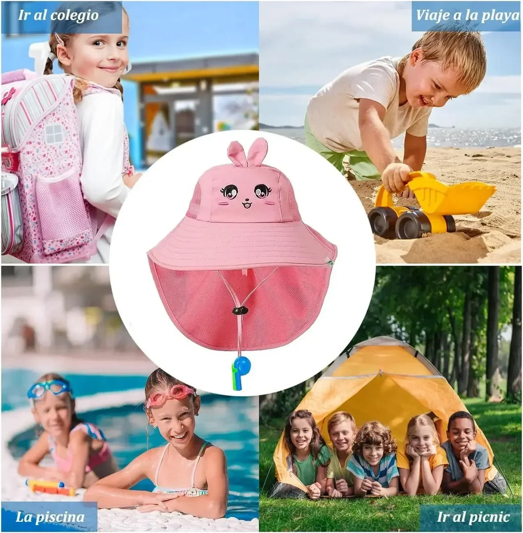 Summer Kids Bucket Hat Sunscreen UV Resistant Cotton Beach Hat with Adjustable Rope Whistle for Boys Girls Outdoor