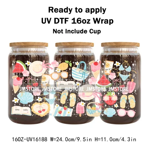 Summer Fruit Coquette Bow Book Cup School 16OZ UV DTF Cup Wraps Ready To Apply Waterproof Transfer Stickers For Libbey Glass Can