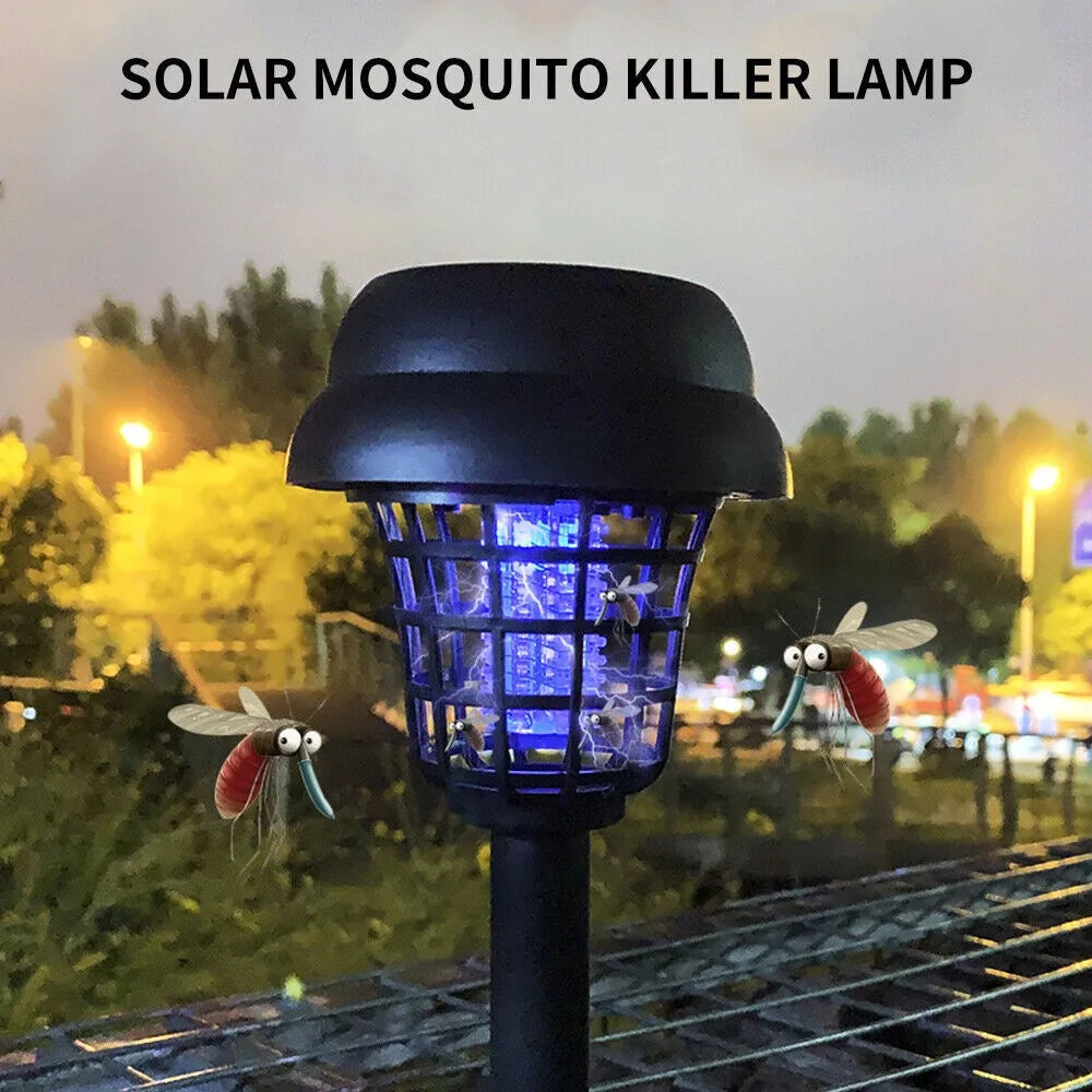 Solar powered mosquito killing lawn lamp, free of electricity and wiring, can be placed, plugged in, handheld, or floor standing