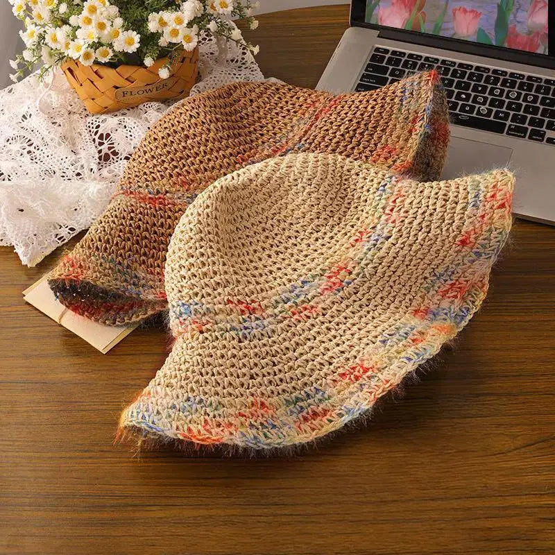 SUSU 1PC Summer Colorful Woven Straw Hat For Seaside Vacation Breathable Hollow Out Large Brim UV Resistant Sun Hat