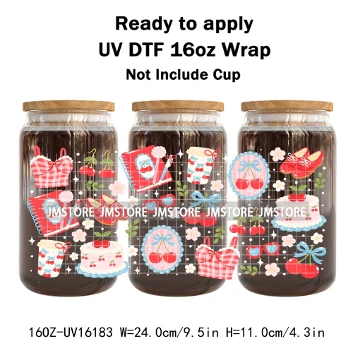 Summer Fruit Coquette Bow Book Cup School 16OZ UV DTF Cup Wraps Ready To Apply Waterproof Transfer Stickers For Libbey Glass Can