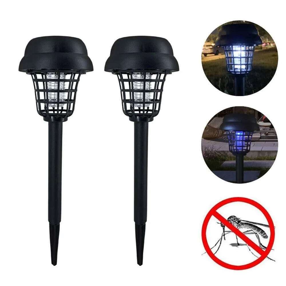 Solar powered mosquito killing lawn lamp, free of electricity and wiring, can be placed, plugged in, handheld, or floor standing