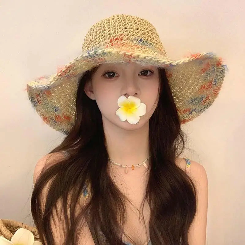 SUSU 1PC Summer Colorful Woven Straw Hat For Seaside Vacation Breathable Hollow Out Large Brim UV Resistant Sun Hat