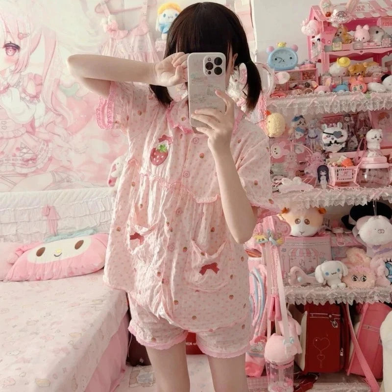 Summer Kawaii Lolita Style Strawberry Embroidery Pajamas Set Girl Cute Short Sleeve Tops Shorts Suit Women Sweet Homewear Pijama