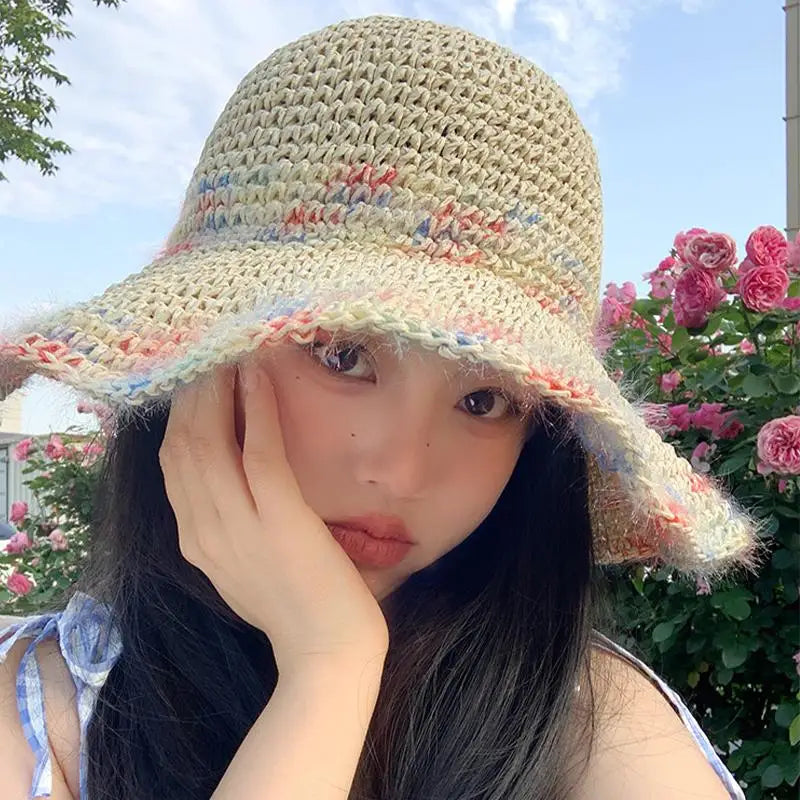 SUSU 1PC Summer Colorful Woven Straw Hat For Seaside Vacation Breathable Hollow Out Large Brim UV Resistant Sun Hat