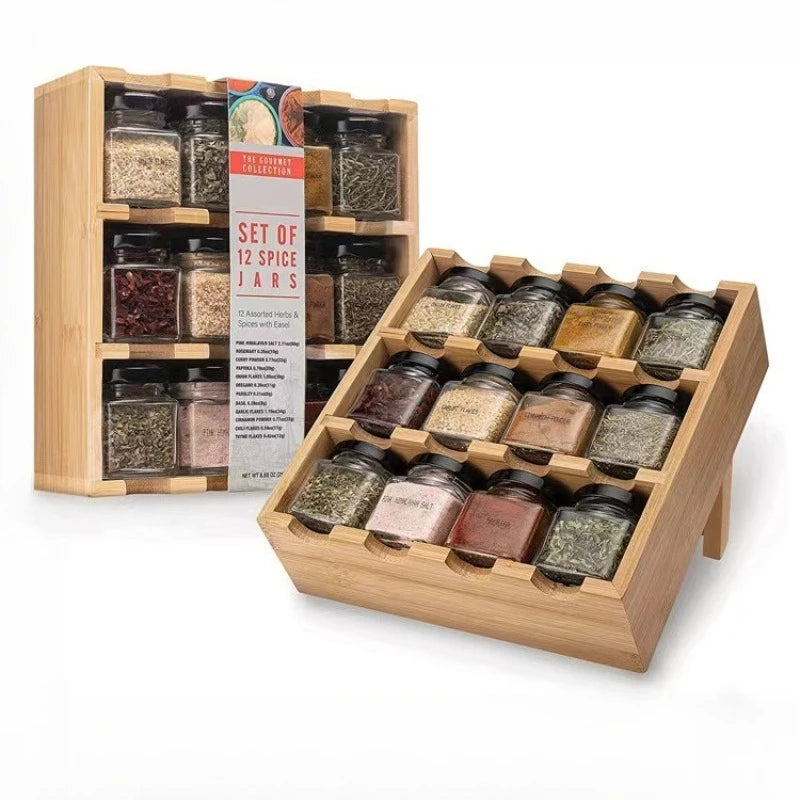 Wooden Kitchen Organizer 12-Grid Multi-Layer Spice Rack Home Essentials Multi-Function Condiment Storage Shelf with Storage Jars