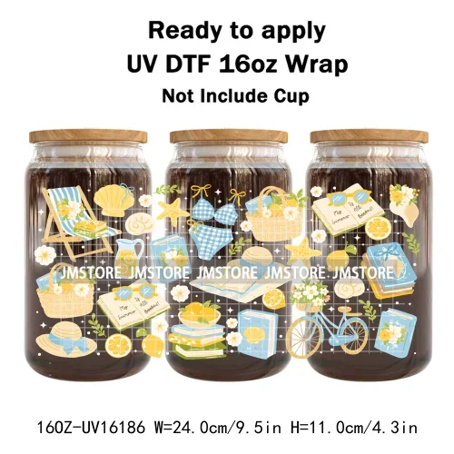 Summer Fruit Coquette Bow Book Cup School 16OZ UV DTF Cup Wraps Ready To Apply Waterproof Transfer Stickers For Libbey Glass Can