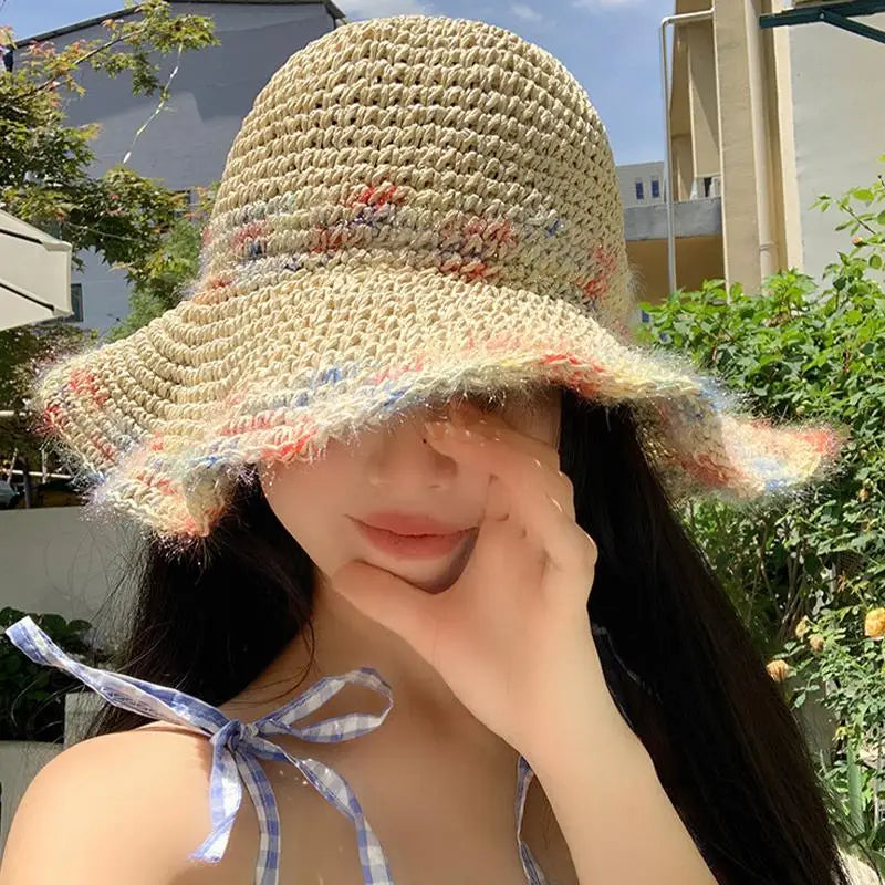 SUSU 1PC Summer Colorful Woven Straw Hat For Seaside Vacation Breathable Hollow Out Large Brim UV Resistant Sun Hat