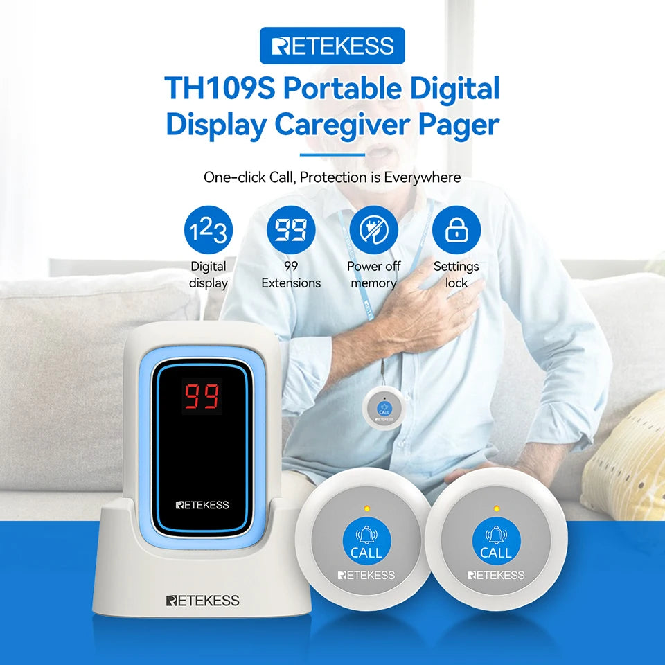 Retekess TH109S Caregiver Pager Wireless Calling System SOS Call Button Digital Display Screen For Clinic Home Care Hospital