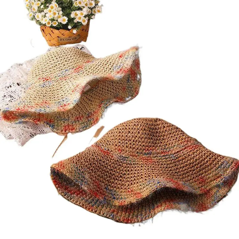 SUSU 1PC Summer Colorful Woven Straw Hat For Seaside Vacation Breathable Hollow Out Large Brim UV Resistant Sun Hat