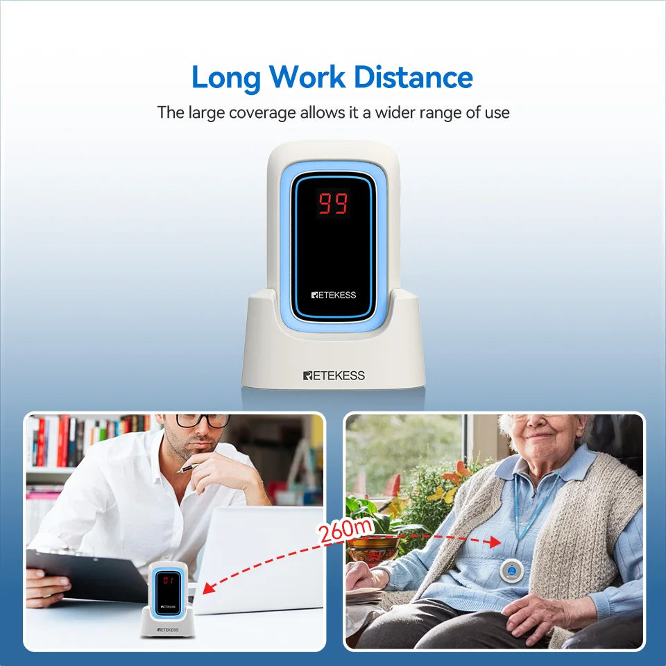 Retekess TH109S Caregiver Pager Wireless Calling System SOS Call Button Digital Display Screen For Clinic Home Care Hospital